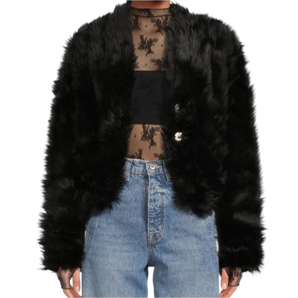 Free People Black Faux Fur Cropped Jacket